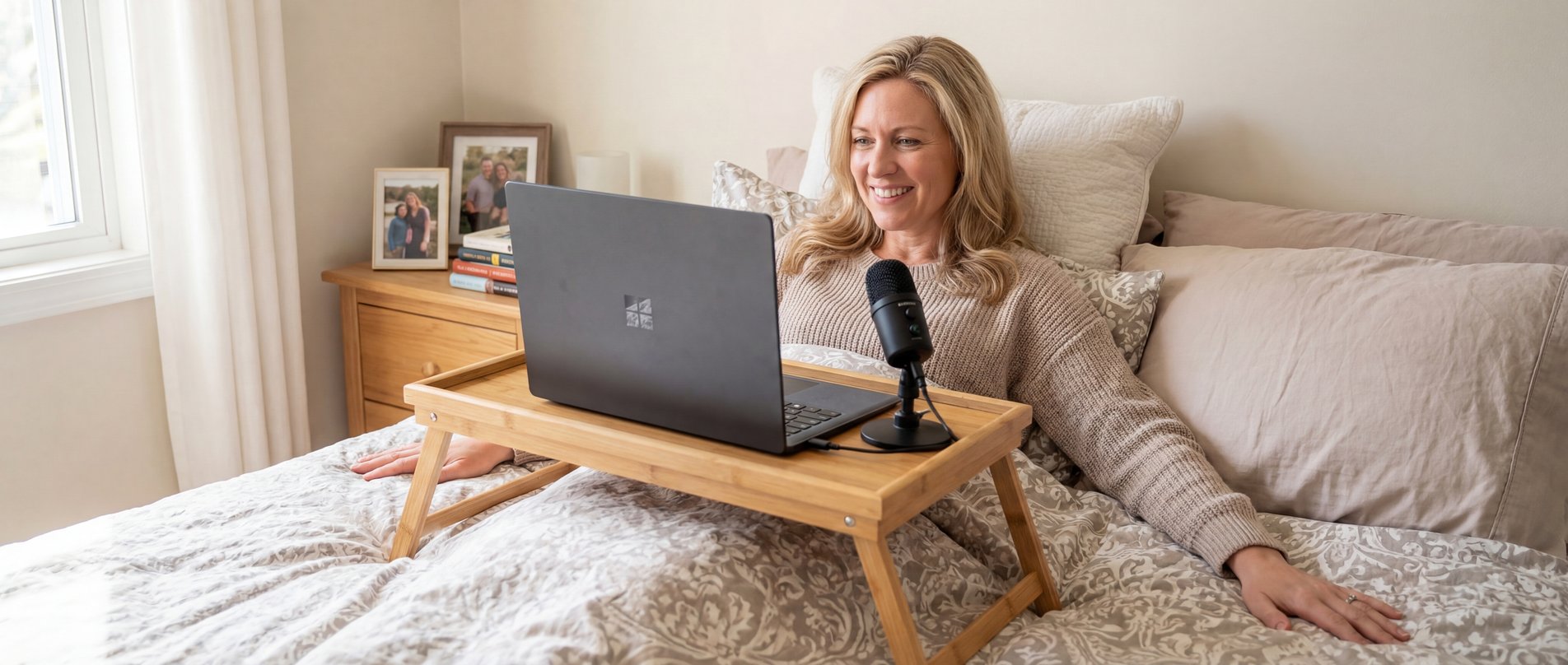Person comfortably using WhisperTyping voice dictation at home
