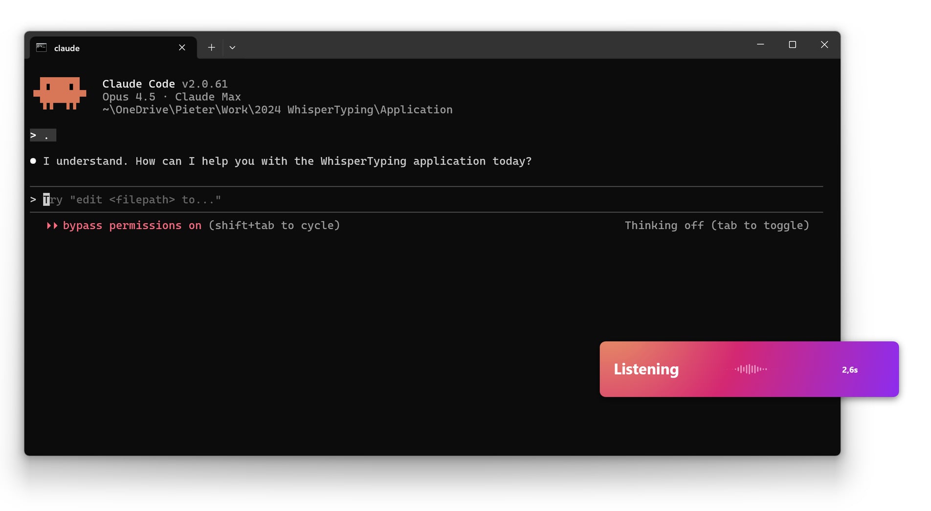 Claude Code CLI with WhisperTyping listening overlay