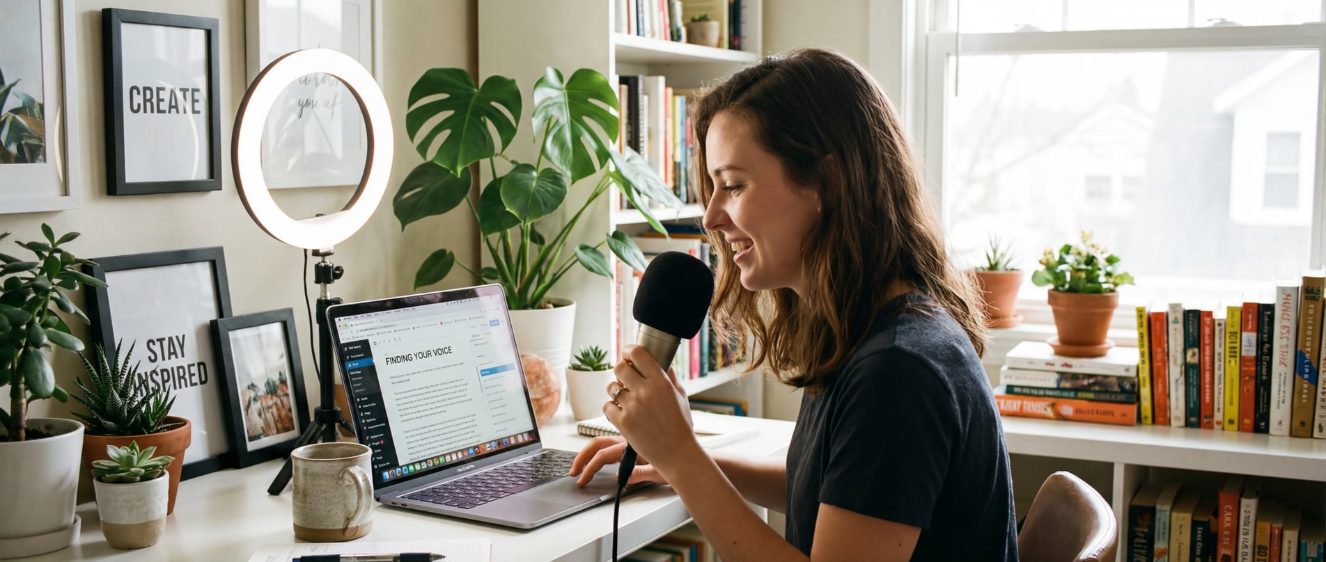 Content creator using voice dictation at creative workspace