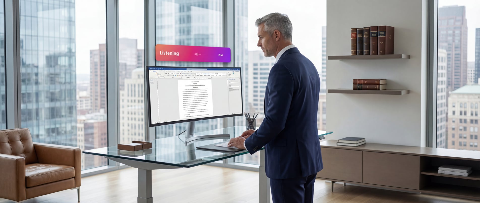 Lawyer dictating in modern office with city view