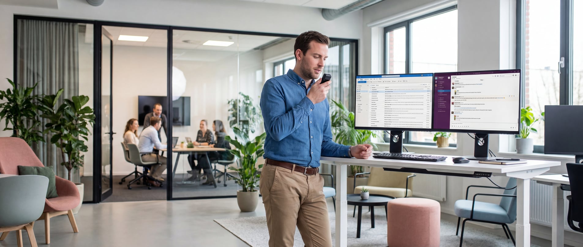 Manager using voice dictation in modern office