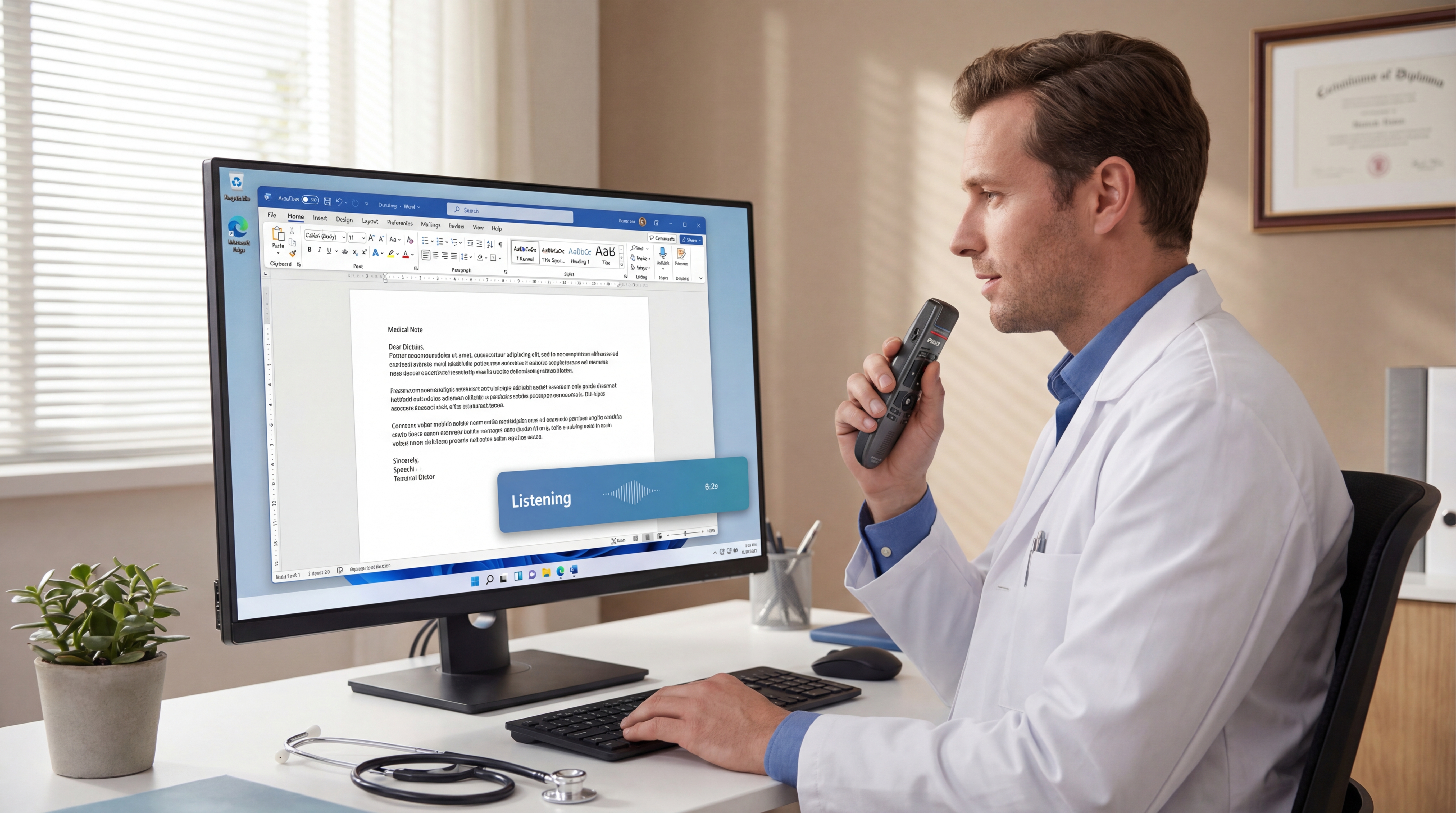 Physician using a Philips SpeechMike to dictate a medical note into Microsoft Word with the WhisperTyping Medical Listening indicator visible on screen