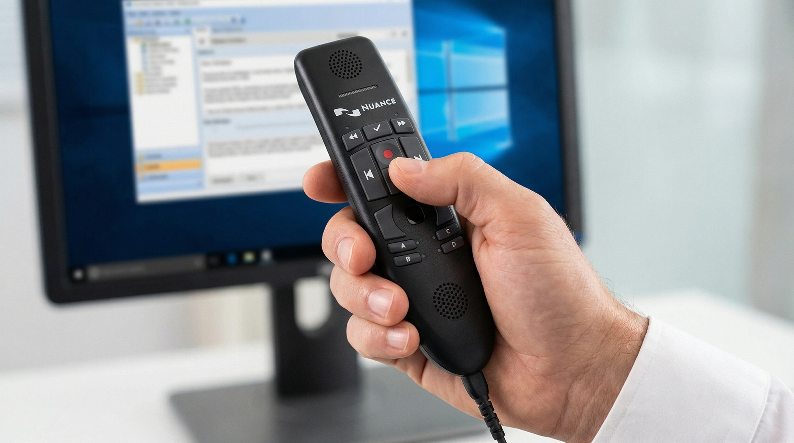 A hand holding a Nuance PowerMic 4 dictation microphone in front of a Windows PC