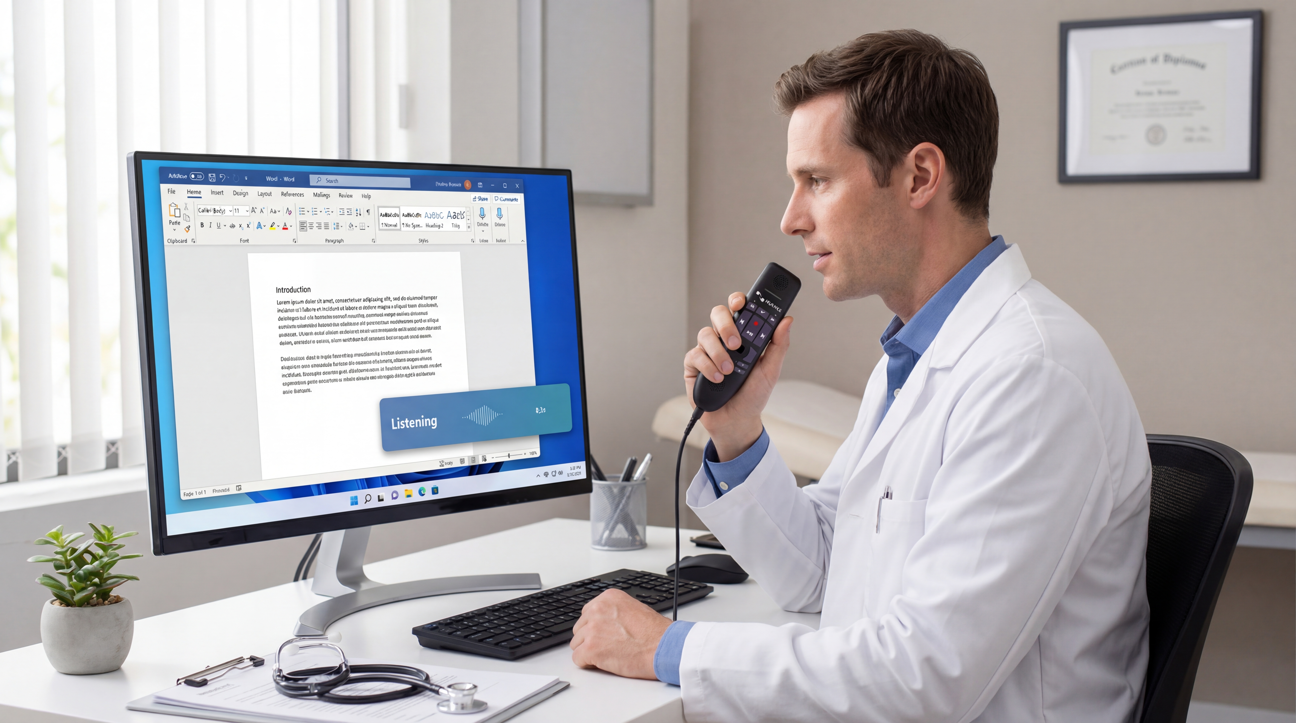 Physician using a Nuance PowerMic 4 to dictate a medical note into Microsoft Word with the WhisperTyping Medical Listening indicator visible on screen