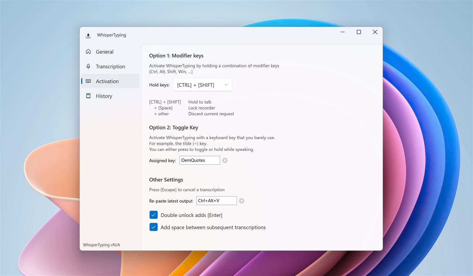 Hotkeys and activation settings page