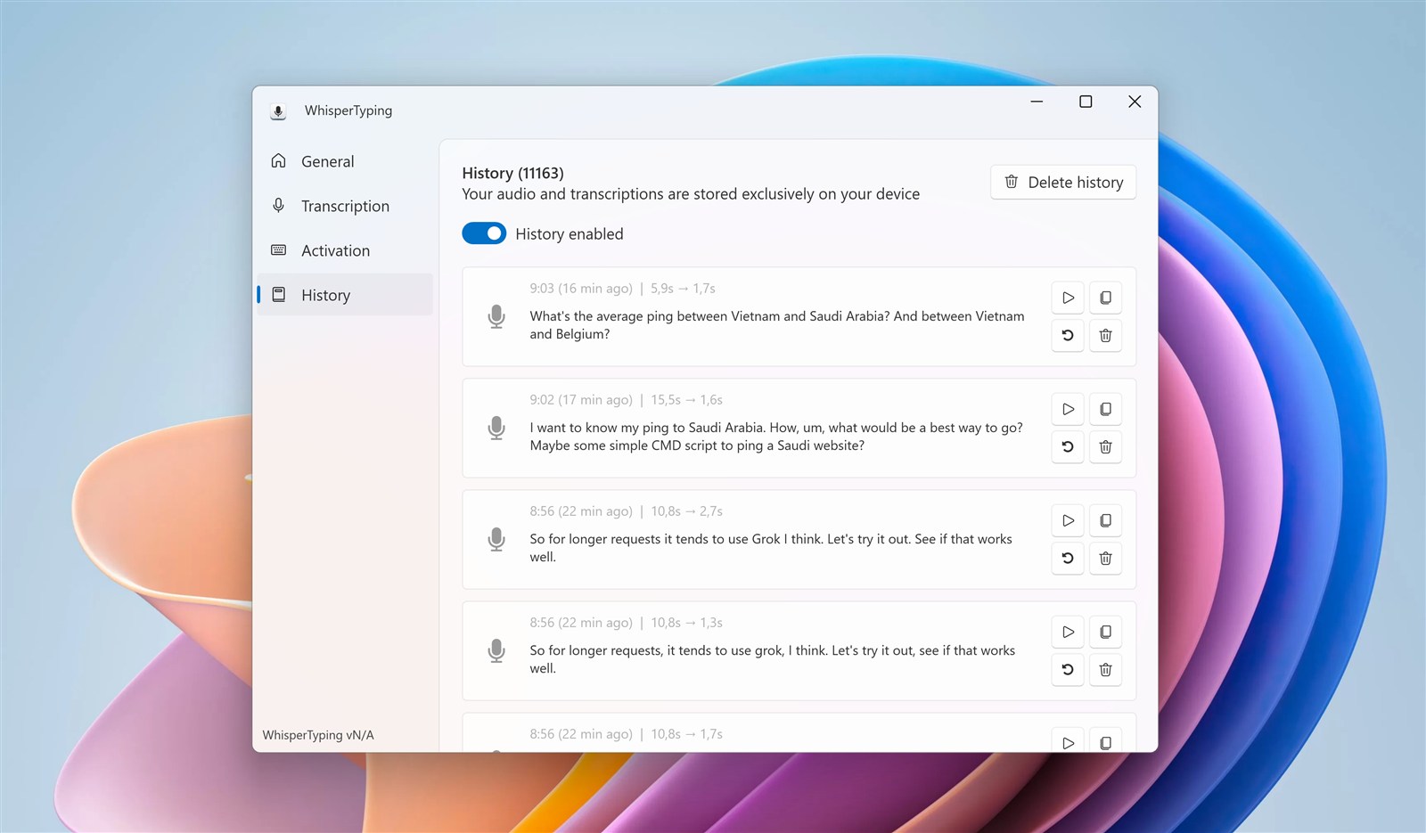 History settings page showing past transcriptions with playback options