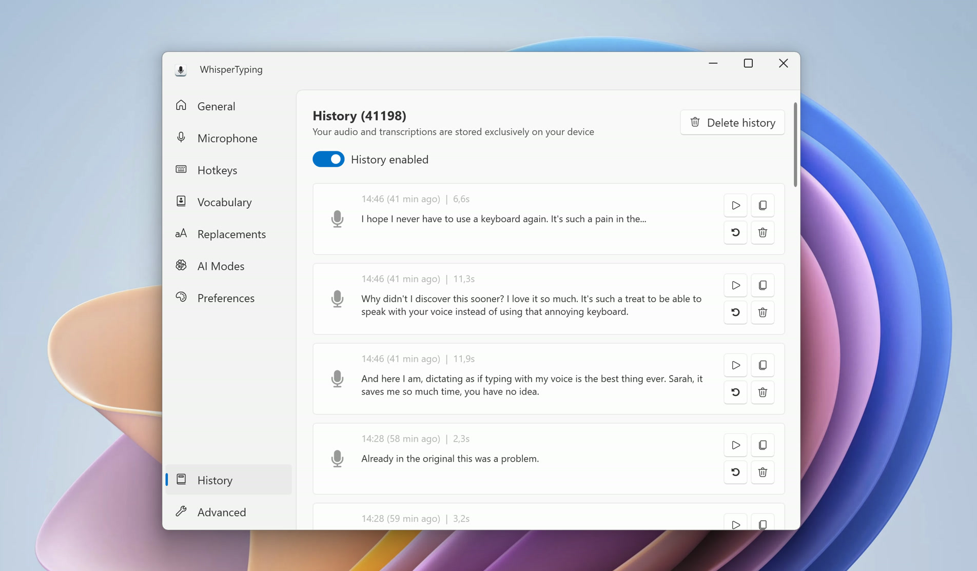 History settings page showing past transcriptions with playback options