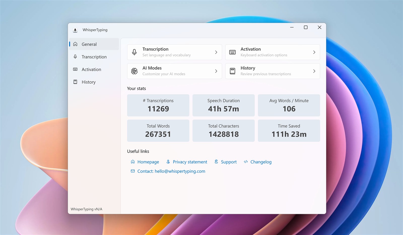 General settings page showing account info, stats, and time saved