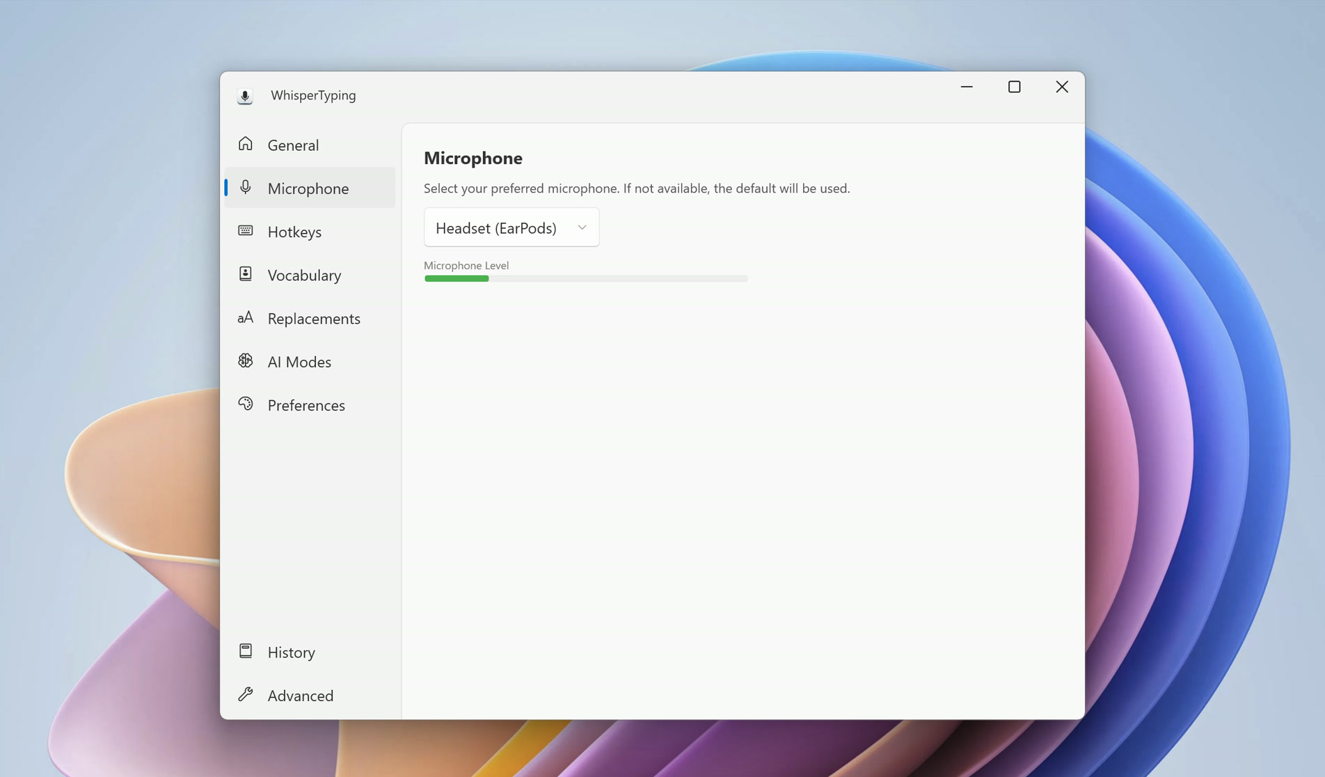 Microphone settings page with device selection and level indicator