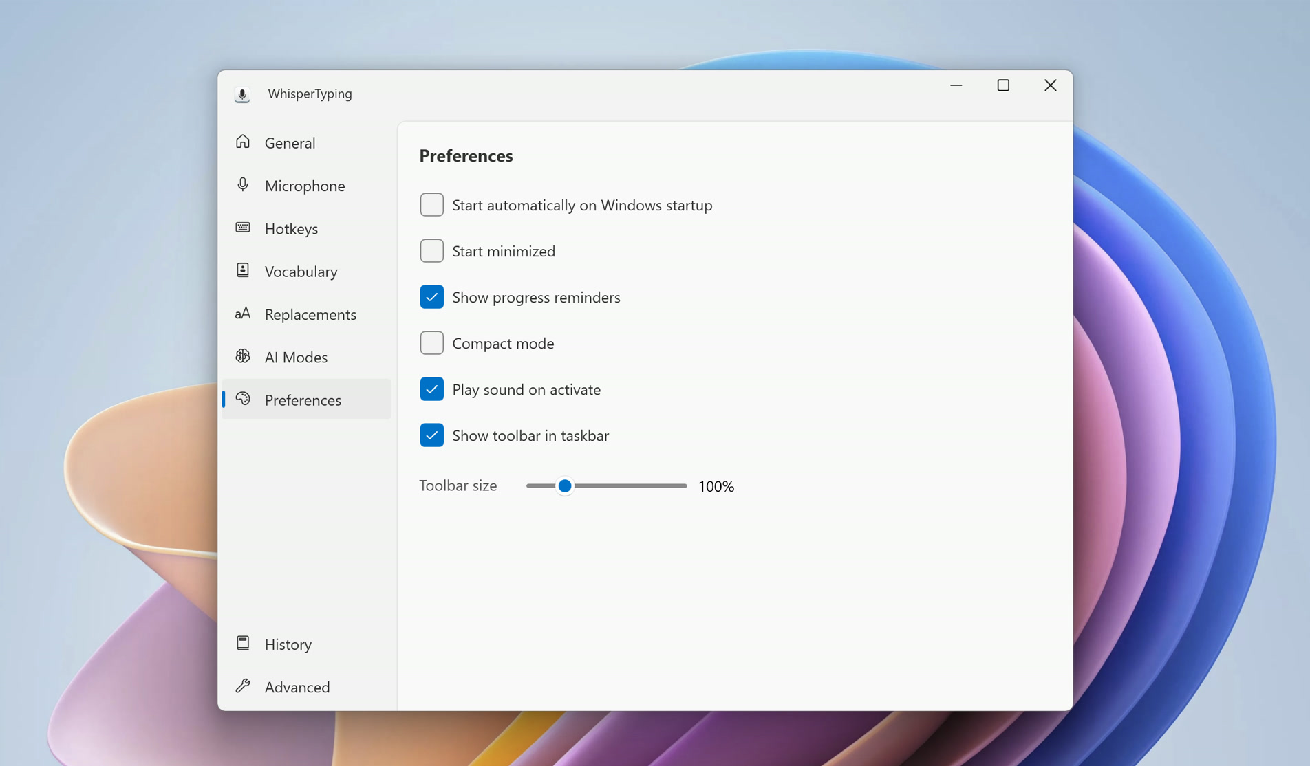Preferences settings page with startup and display options