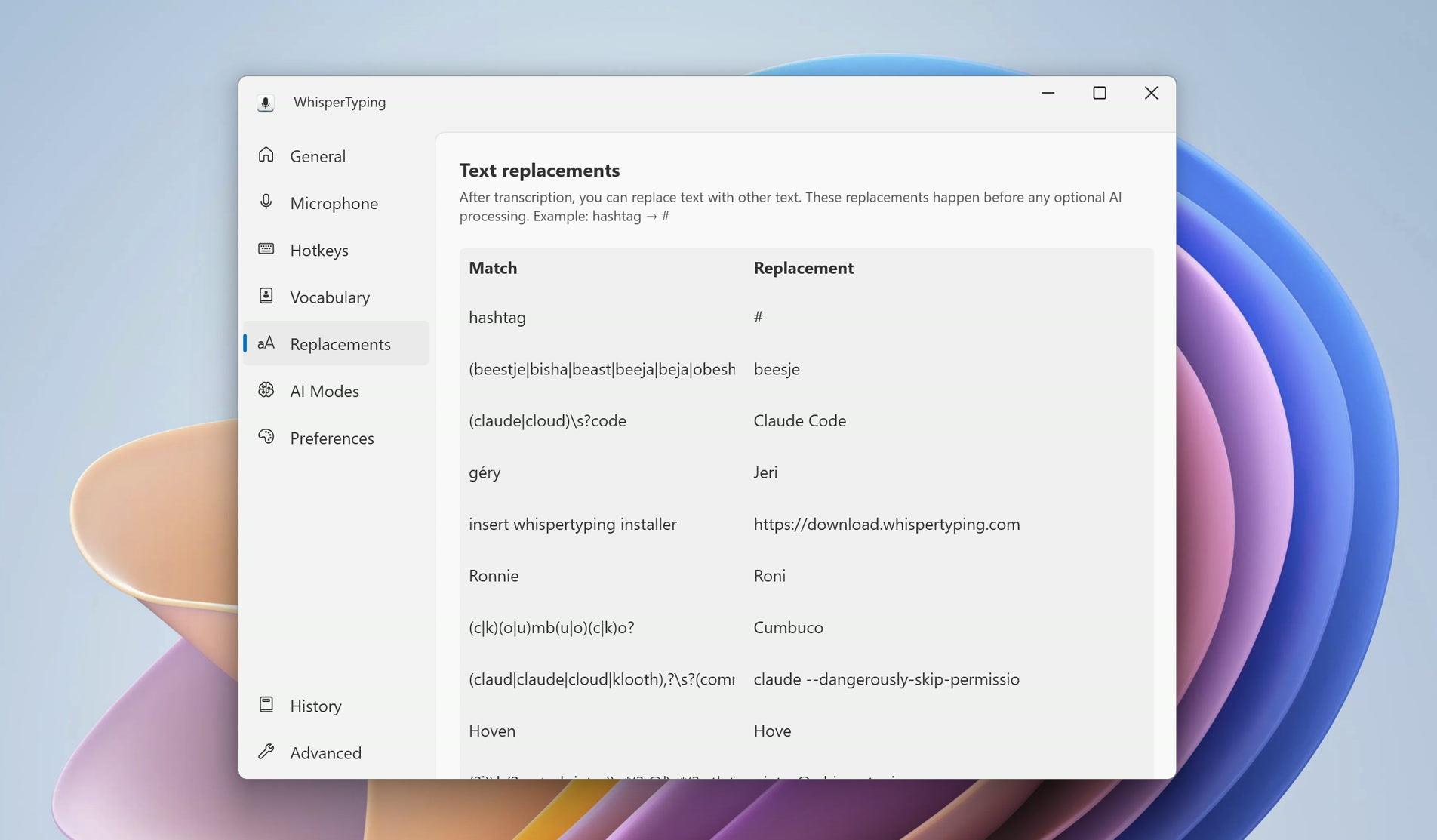Replacements settings page with text replacement rules