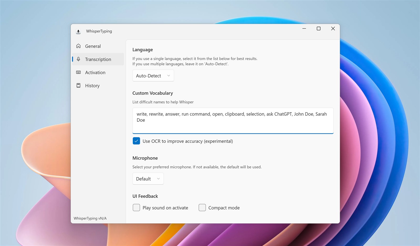 Transcription settings page with language, vocabulary, and OCR options