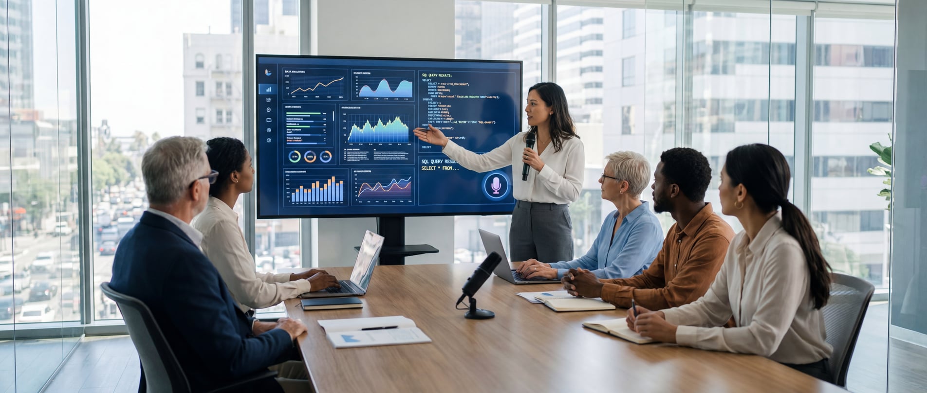 Team of analysts collaborating with data visualizations