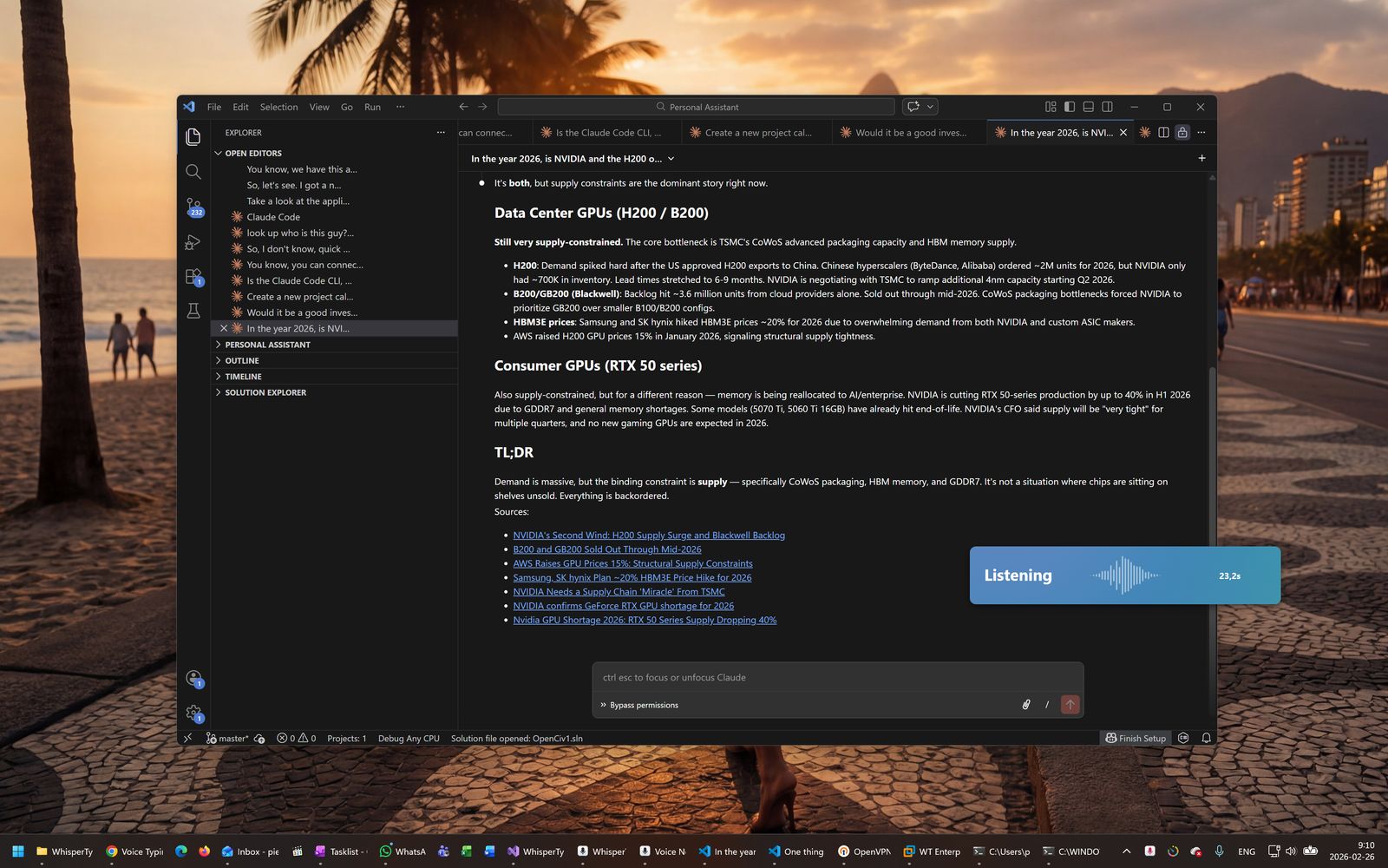 WhisperTyping dictating a prompt to Claude Code in the VS Code extension with the listening indicator visible