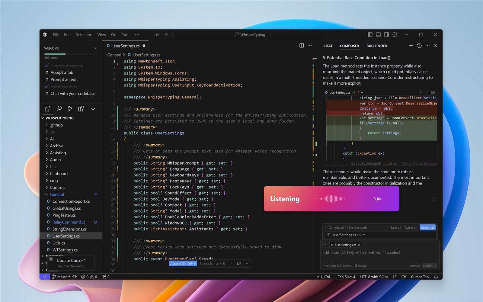 WhisperTyping dictating a prompt in Cursor editor with the listening indicator visible
