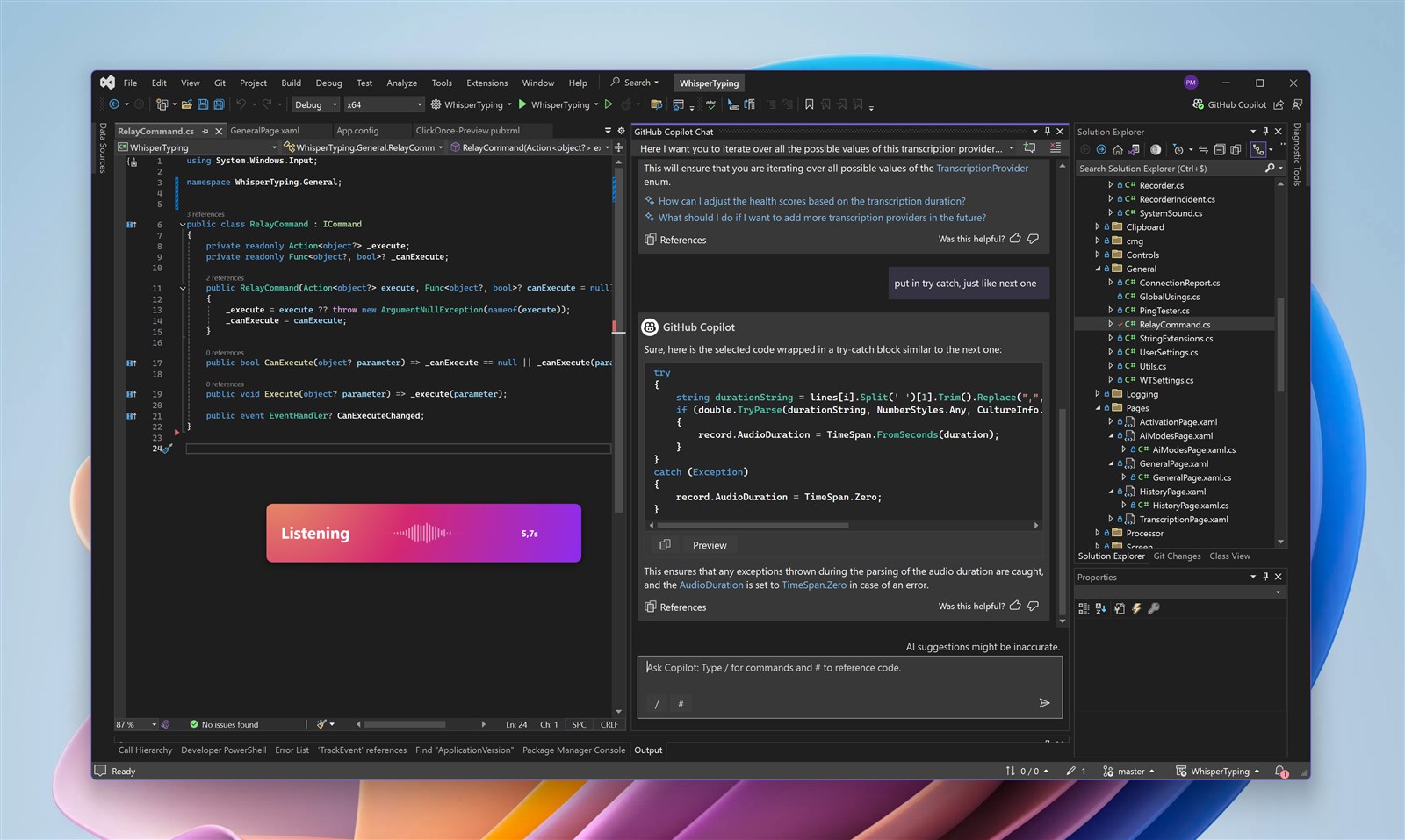 WhisperTyping dictating a prompt to GitHub Copilot Chat in Visual Studio with the listening indicator visible