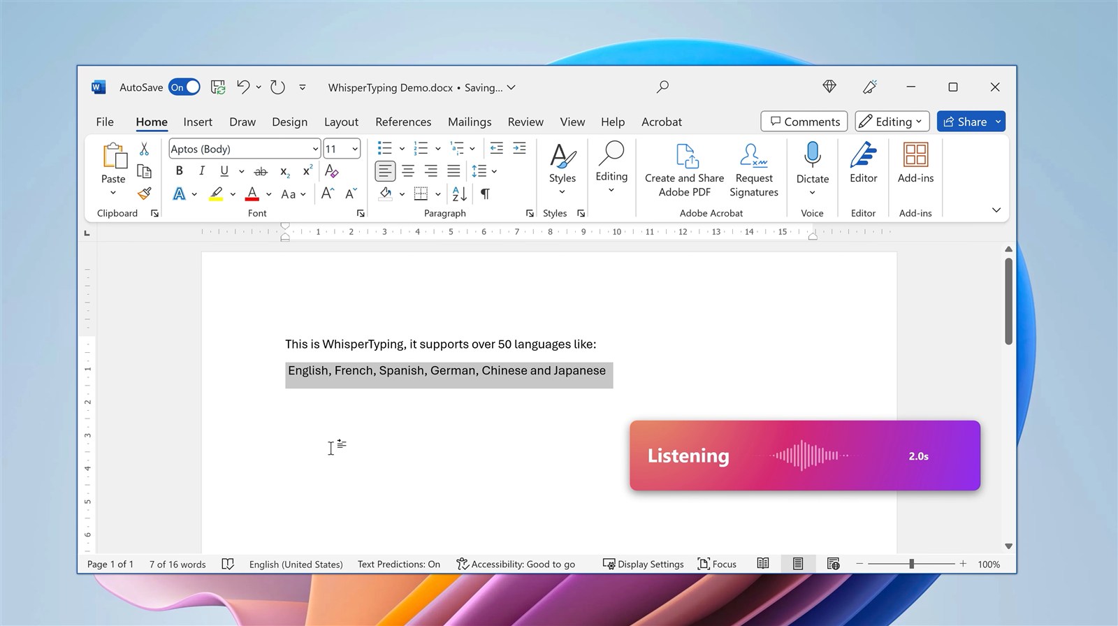 WhisperTyping dictating text in Microsoft Word with the listening indicator visible